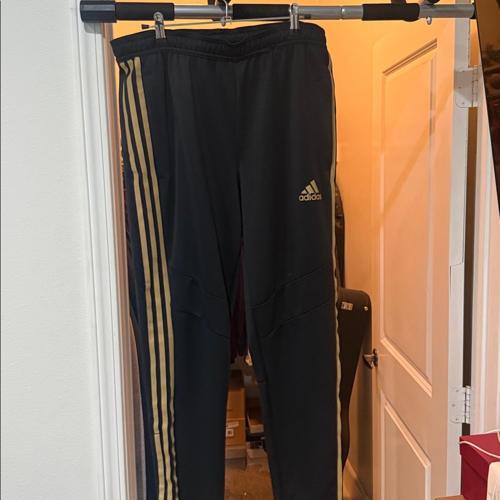 Adidas Black Pants with Gold Stripes